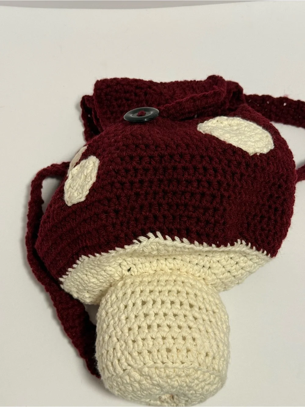 Handmade Crochet Mushroom Drawstring Backpack Burgundy Cream Cottagecore